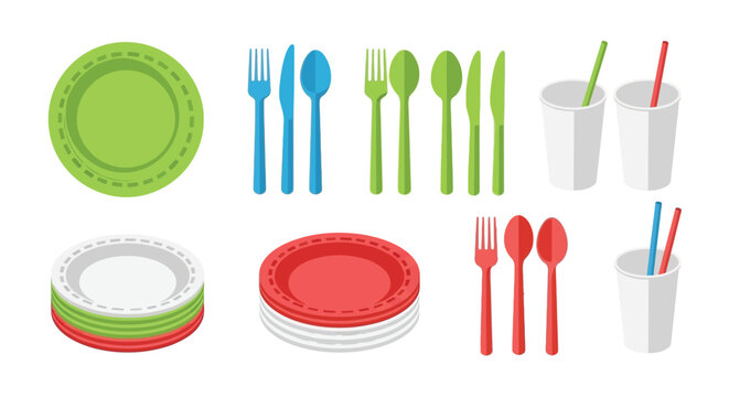 Colorful plastic tableware set including plates cutlery and drinking straws