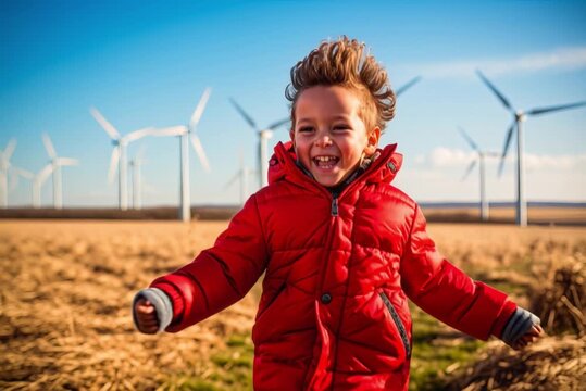 Boy running happy through the field with some wind turbines in the background