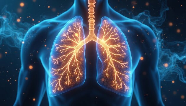 Glowing human lungs illustration showing bronchi network. Respiratory system graphic with particles. Medical research concept for disease awareness and health.