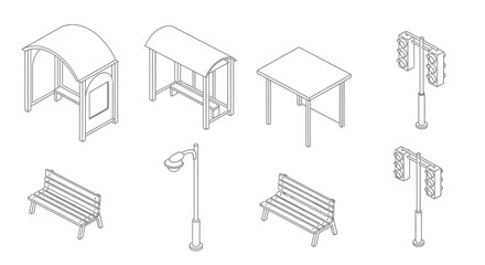 Isometric illustrations of urban street furniture and public amenities