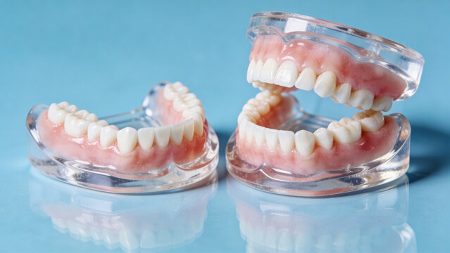 Professional dental prosthetic models showing complete upper and lower dentures