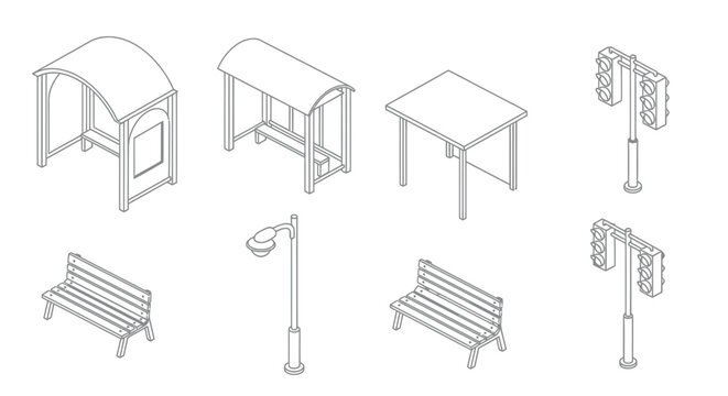 Isometric illustrations of urban street furniture and public amenities