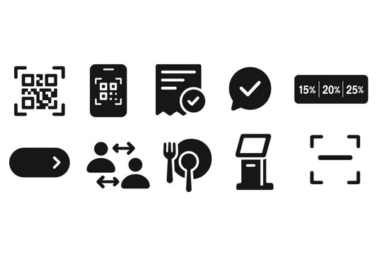 Restaurant and technology solid icon set. Dining, digital payment, qr code icons collection