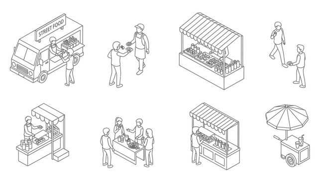 Isometric illustration of various street food stalls and vendors