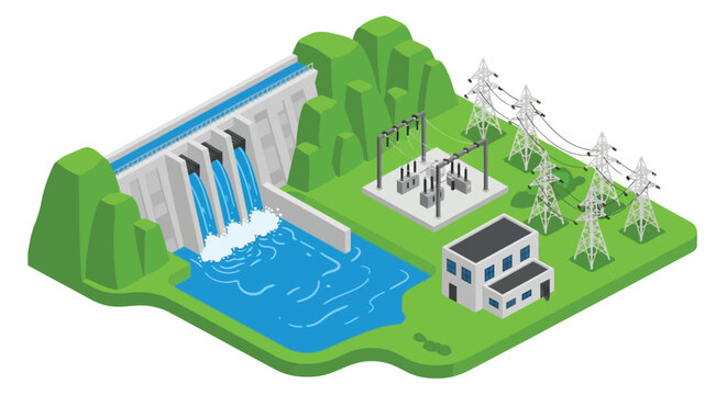 Isometric illustration of a hydroelectric dam and power plant infrastructure