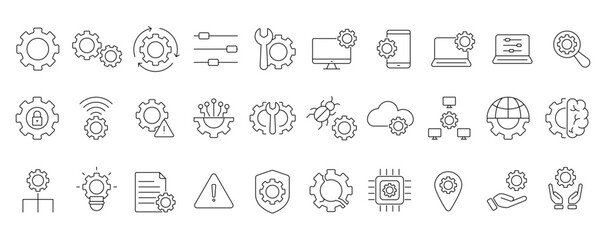 Settings, Setup and Gear Line Icon Set: Technical Support, Engineering, Cloud Processing, and System Optimization Vector Symbols. Editable Stroke