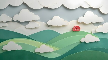 Fototapeta premium Dreamscape Landscape: A serene landscape, with rolling hills and fluffy clouds, showcases a small red house, representing peace and tranquility.