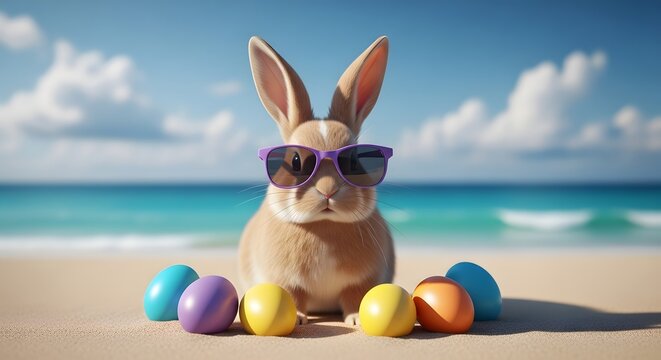 Easter bunny on a sunny beach with colorful eggs