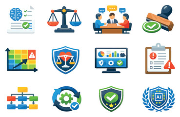 Governance, accountability, and regulation vector icons in flat style: AI policy document, regulatory scale, oversight committee table, compliance stamp, risk. Vector icons