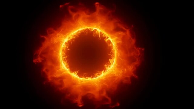Fiery circular energy ring with dynamic glowing flames expanding on black background, symbolizing intense heat ignition and powerful energy source in smooth slow-motion animation footage