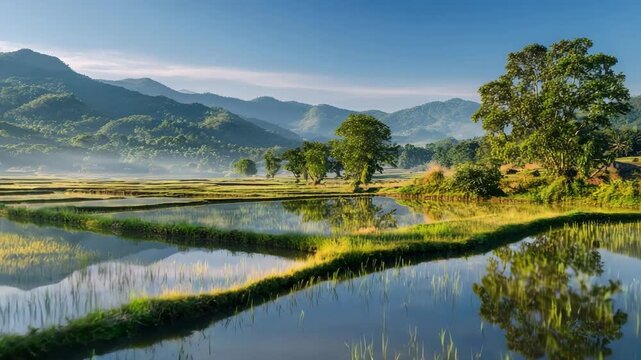 Serene landscape with a still pond and lush green trees and mountains
