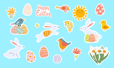 Cute Easter sticker set with Easter bunny, colorful eggs, and spring birds. Hand-drawn holiday clip art on blue. Perfect for planners, DIY crafts, and festive nursery decor. Vector illustration
