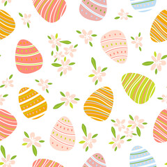 Festive seamless pattern with Easter eggs and cherry blossoms on white. Elegant floral holiday texture for gift wrap and fabric. Fresh spring background for your DIY. Vector illustration