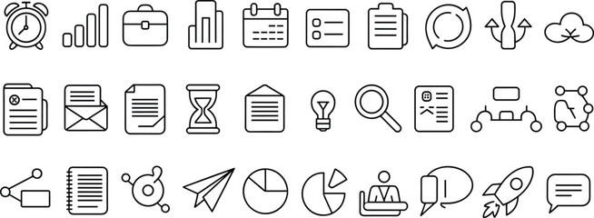 Fototapeta premium Business productivity icons, communication tools, workflow symbols, line art vector, data visualization, teamwork, planning, management, startup launch, organization, efficiency, strategy