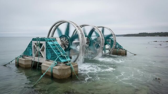 Tidepowered water mixer operating in shallow waters under overcast skies demonstrating efficient tidal force utilization for environmentally conscious water circulation.