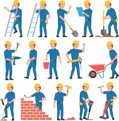 Fototapeta premium Construction worker icons, building tools, labor activities, hard hat safety, shovel, ladder, blueprint, drill, hammer, wheelbarrow, bricks, vector illustration