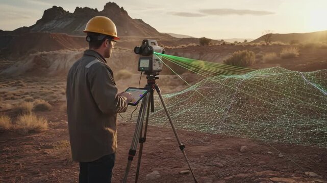 Medium shot of a technician operating LIDAR equipment outdoors capturing detailed terrain data to identify ore deposit boundaries accurately.