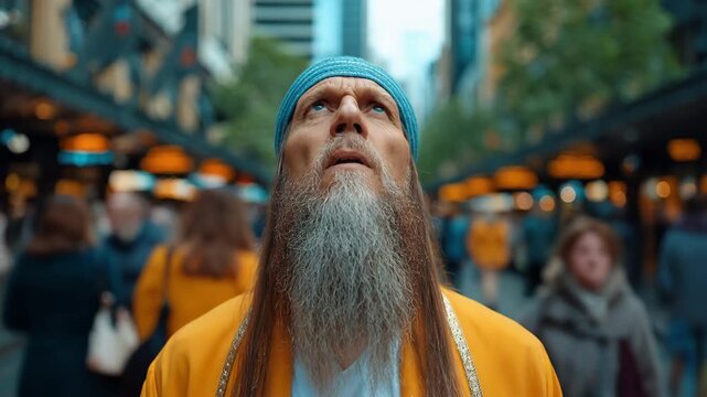 Crowd watches a man in orange robe and blue headwear looking up at the sky in a busy city street filled with people