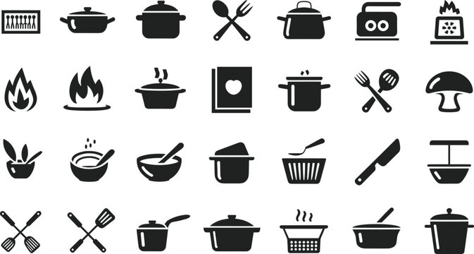 Cooking kitchen icons, culinary tools, cookware vector, food preparation, utensils, stove, pot, pan, knife, recipe book, flame, minimalist line art