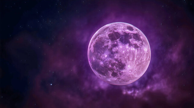 Bright purple moon in violet nebula sky, dramatic space background with clouds, fantasy night landscape, galaxy mist concept.