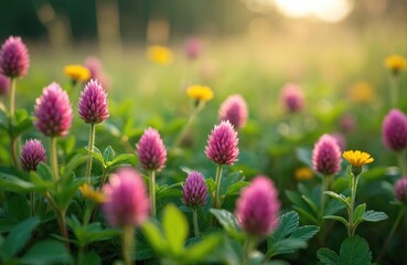 Fototapeta premium Pink clover flowers bloom in a green meadow under warm sunlight. Small yellow flowers grow among the clover. Nature landscape with green grass and soft bokeh background. Peaceful outdoor scene.