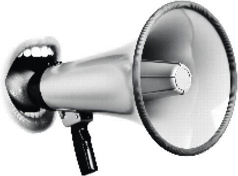 Woman mouth shouting into megaphone retro pixel art and halftone dots effect vector illustration