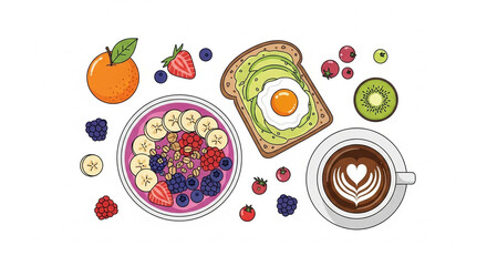 Healthy Breakfast Spread with Smoothie Bowl Coffee and Toast