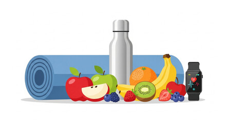 Healthy lifestyle items with fruits and fitness tracker