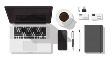 Top view of a modern desk setup with laptop and coffee