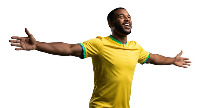 A smiling dark-skinned male soccer player celebrates a goal or victory with wide open arms. Brazilian soccer player celebrating 2026 soccer world championship. Transparent background