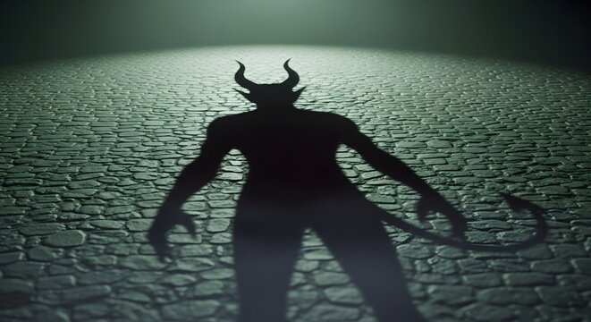 Mysterious devil silhouette standing on cracked ground with horns and tail