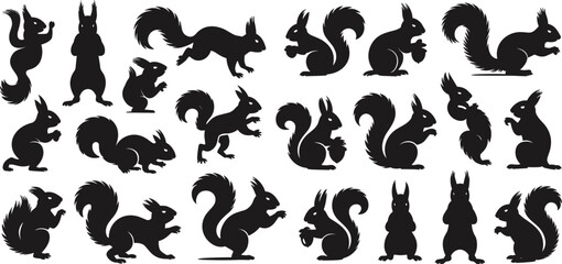 Collection of Black Squirrel Silhouettes in Various Poses and Actions animal wildlife