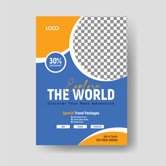 Travel poster and flyer template for tour and holiday packages with scenic destination layout and modern promotional design