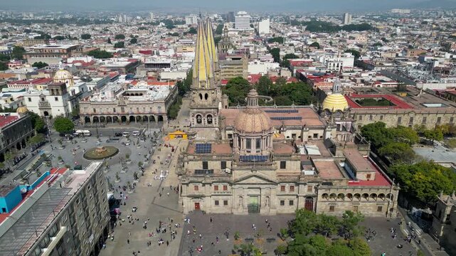 Guadalajara, Mexico - November 8 2025: Aerial drone view of Guadalajara Cathedral and Plaza Tapatia undergoing renovation, historic city center, urban landscape