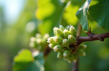 Obraz premium Grapevine shoots with unopened flower buds bloom in spring sunlit vineyard. Young green plant starts growing, forming future grape bunches on vine branch. Nature farm season.