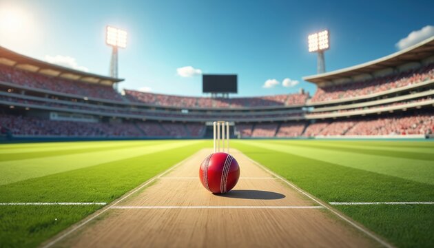 Red cricket ball on pitch with wickets behind. Packed stadium watches match under bright sunny sky with stadium lights. Sports game excitement.