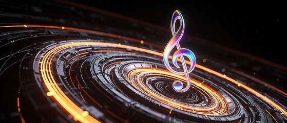 Futuristic Musical Note with Glowing Circular Light Trails
