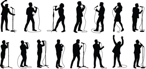 Silhouettes of singers performing with microphones on stands performance singing © MdShahin