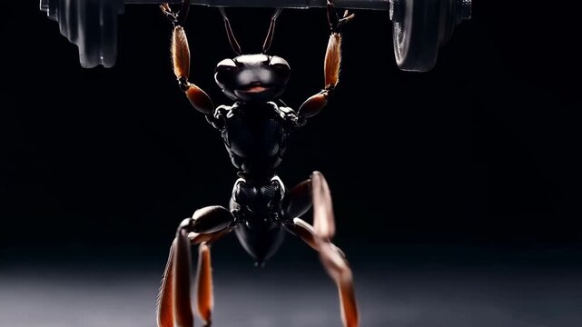 An ant lifting a dumbbell with weights on a dark background