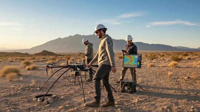 Midrange view of engineers monitoring magnetic field sensors on a rugged terrain utilizing subsurface imaging technology to detect mineral deposits below the surface.