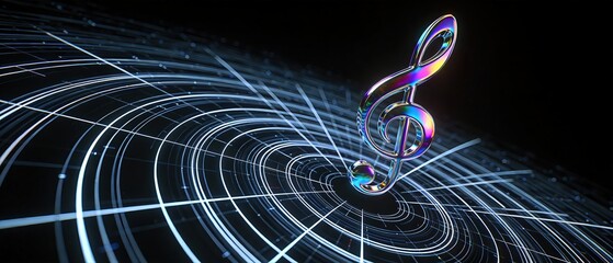 Futuristic Musical Note with Glowing Circular Light Trails