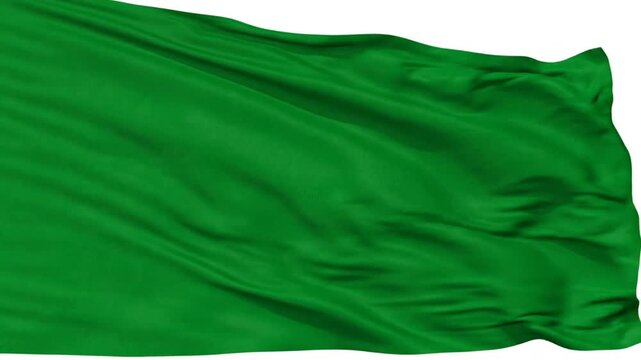 Waving green cloth flag isolated on a white background, fabric blowing in the wind, empty banner concept