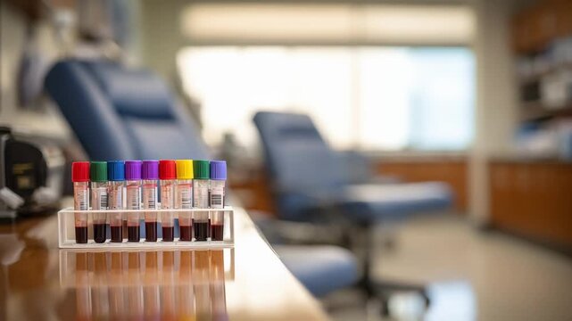 Focused view of a pediatric phlebotomy chair and colorcoded blood collection tubes with a softly blurred workspace reflecting a specialized setup at a clinical blood draw station.