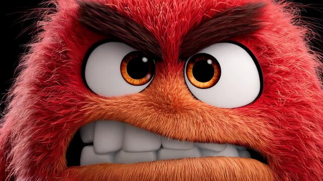 Furious red monster with angry expression on black background
