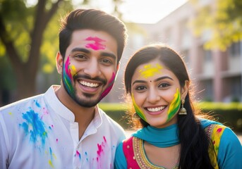 Fototapeta premium Young Indian College Couple Celebrating Holi with Colorful Powder – Happy Festival Lifestyle Image