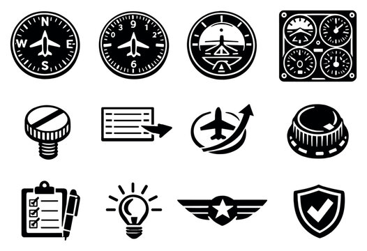 Aviation and Instrument Compass in outline style: aircraft compass, heading indicator, gyro compass, cockpit panel, calibration screw, deviation card, flight. Vector icons