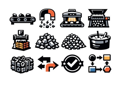 Material Sorting and Processing in bold style: sorting belt, magnetic separator, optical scanner, shredding machine, baling press, crushed glass pile, plastic. Vector icons