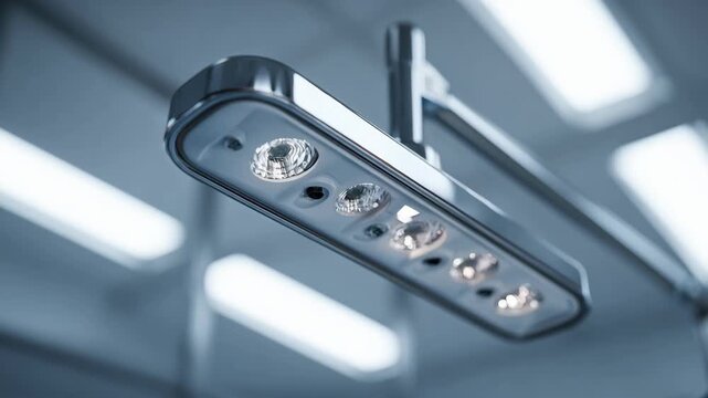 Closeup of a medical exam light with adjustable dimmer controls casting soft layered illumination on a sterile clinical environment for precise assessments.