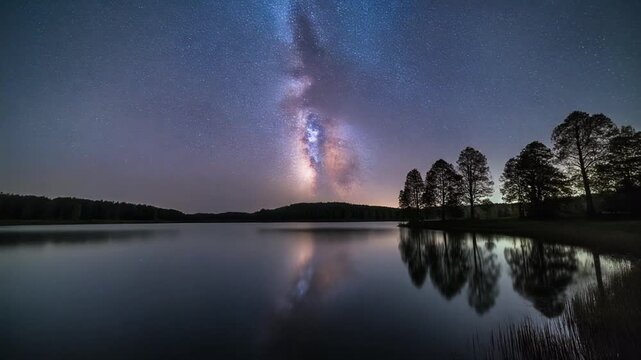 A serene lake scene at dusk with a stunning starry sky reflected in the calm water, lined with trees on the right shore