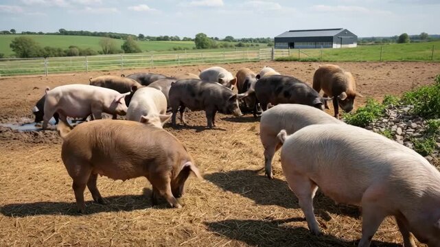 Medium shot of a group of hybrid pigs in a spacious enclosure illustrating crossbreeds developed for improved adaptability and growth in diverse farming conditions.